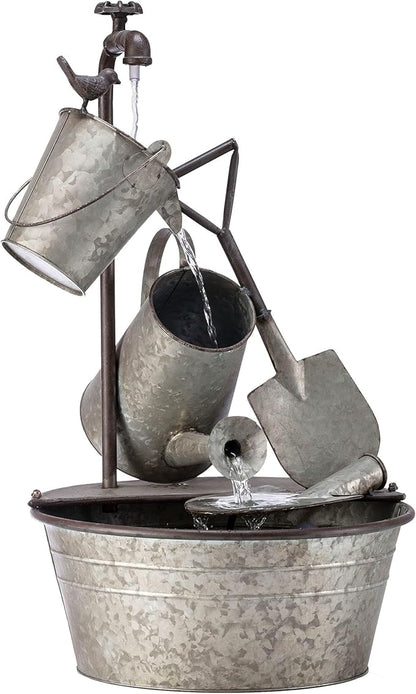 Alpine Corporation YHL106 Outdoor Floor 3-Tiered Metal Garden Tools Water Fountain, Tools and Faucet Waterfall, 28", Gray