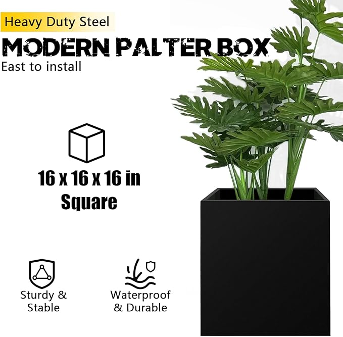 Heavy Duty Steel Planter Box (26"x26"x26"),Square Tall Planter Modern Detached for Indoor & Outdoor Planters Cube,Black Flower Plant Pot for Commercial Residential for Patio Deck & Backyard