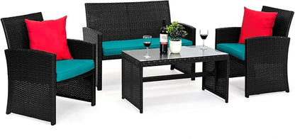Best Choice Products 4-Piece Outdoor Wicker Patio Conversation Furniture Set for Backyard w/Coffee Table, Seat Cushions - Black/Teal