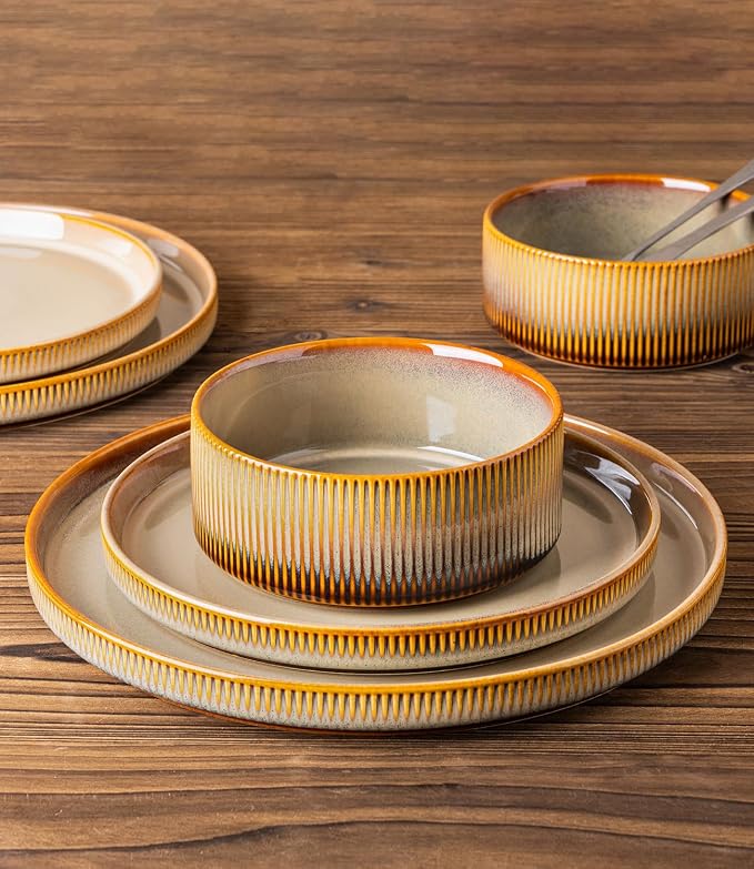 TheTerra Ceramic Dinnerware Sets for 8, 24 Pieces Porcelain Lightweight Plates and Bowls Sets, Scratch Resistant Dish Set, Oven & Microwave & Dishwasher Safe, Creamy Amber