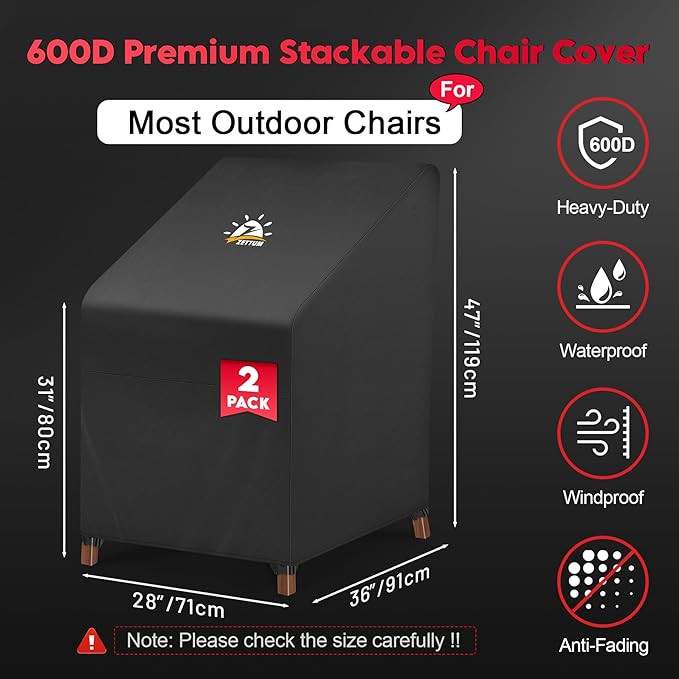 Zettum Stackable Patio Chair Cover 2 Pack - 600D Outdoor Chair Cover Waterproof & Heavy Duty, Lawn Furniture Stacking Seat Cover for 4 - 6 Outdoor Stackable Dining Chairs - 28 x 36 x 47 Inch