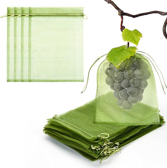 50 PCS 8X12 inches Fruit Protection Bags, Fruit Bags for Fruit Trees, Green Netting Fruit Cover Bags Drawstring Mesh Fruit Protectors Pest Barrier for Fruit Trees Veggies Garden