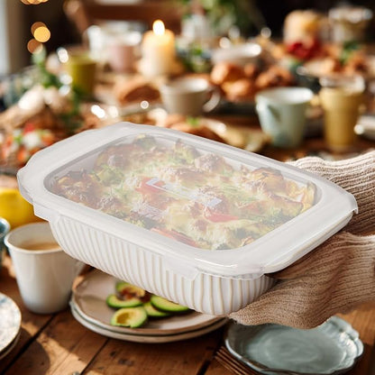 Artena Baking Dish 2.3 Quarts, Casserole Dishes For Oven, Baking Pan With Handles, Lasagna Pan Deep, Large Casserole Dish, Rectangular Ceramic Bakeware (White, With Lid)