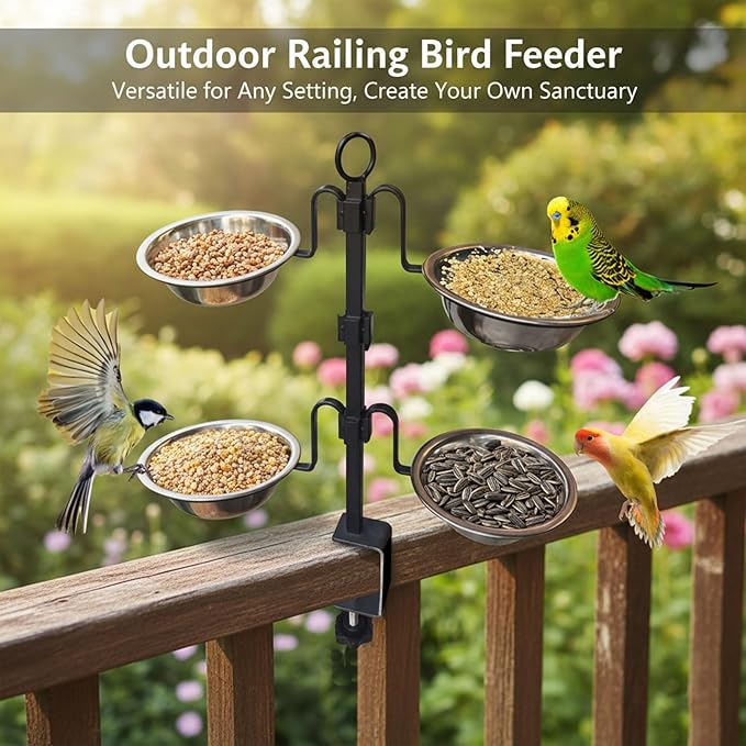 Deck Bird Feeder, 3-Tier Adjustable Railing Clamp-On Feeder with Four Stainless Steel Bowls for Balcony Patio Outdoor Use