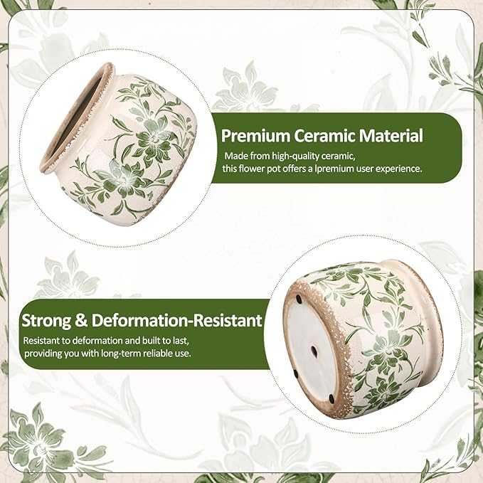 7.7" Large Vintage Ceramic Plant Pot Beige Green Farmhouse Peony Crackle Glaze Rustic Flowers Planter Pot with Drainage for Indoor Outdoor Plants Kitchen Office Shelf Home Decor Gift