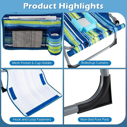 GYMAX Tanning Chair, 330LBS Beach Lounge Chair w/Face Arm Hole & Hand Shoulder Strap, Folding Layout Sunbathing Chair, Face Down Outdoor Chaise Lounger for Patio, Poolside, Backyard (2, Blue Stripe)