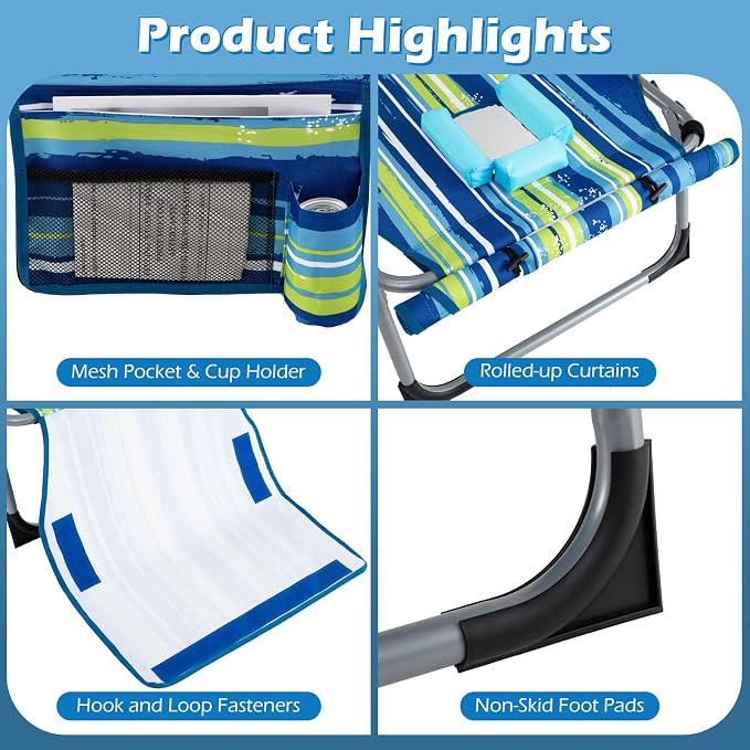 GYMAX Tanning Chair, 3 in 1 Sun Bathing Lounge Chairs with Face/Arm Holes & Side Pocket, Portable Lightweight Face Down Layout Tanning Chair for Outside, Beach, Backyard, Poolside (2, Blue Stripe)