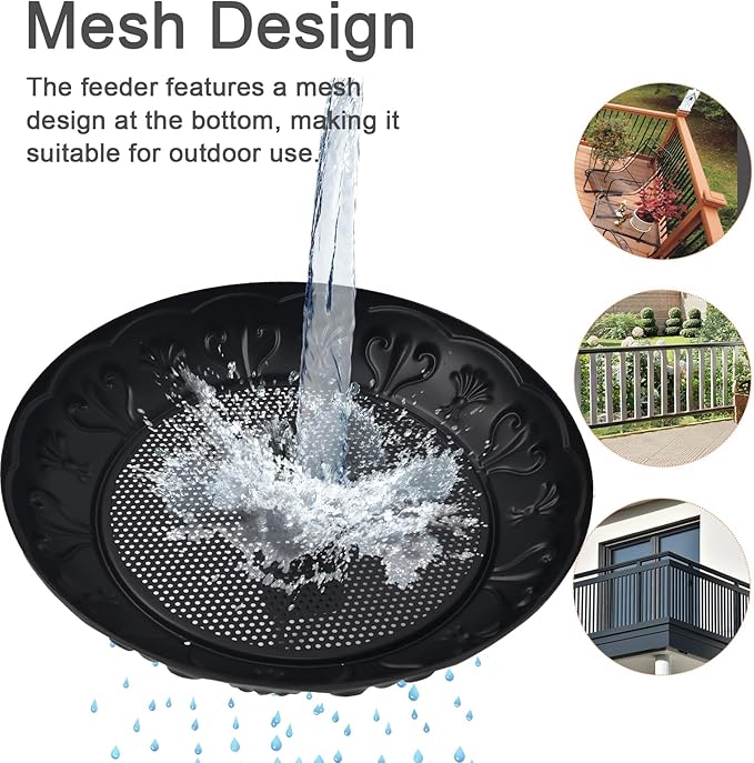 Deck Railing Bird Feeder Tray,Metal 11" Platform Bird Feeders Mesh Seed Tray for Outside/Balcony (Black-2 Pack)