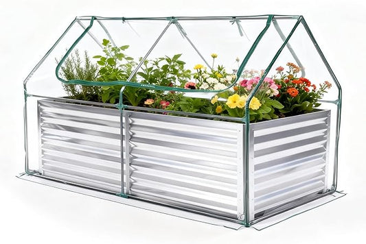 NEWBULIG 6x3x2ft Galvanized Raised Garden Bed with Greenhouse Cover, Outdoor Metal Planters Box for Planting Vegetables, Flowers & Herbs, Easy Assembly, Clear