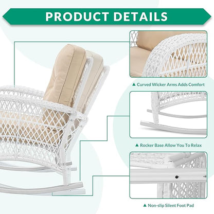 VIVIJASON 3-Piece Outdoor Conversation Bistro Set, Patio Wicker Rocking Chairs Rattan Furniture Sets w/ 2 Rattan Chairs, Cushions, Glass Top Side Table for Garden Porch Backyard (White Wicker/Beige)