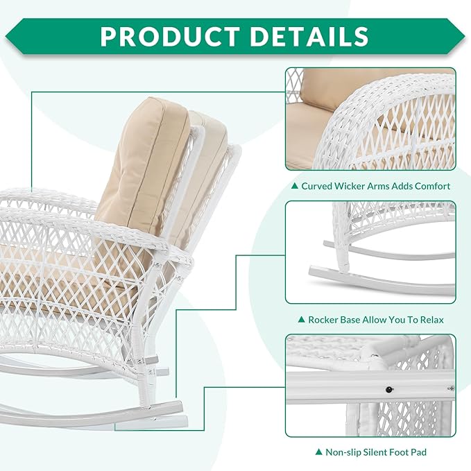 VIVIJASON Outdoor Wicker Rocking Chair, Patio Rattan Rocker Chair with Cushions & Steel Frame, All-Weather Rocking Lawn Furniture for Garden Backyard Porch (White Wicker/Beige)