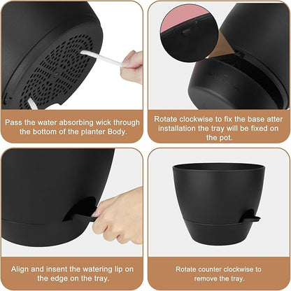 QRRICA Plant Pots 10/9/8/7.5/7 Inch Self Watering Pots, Set of 5 Plastic Planters with Drainage Holes and Saucers,Plastic Flower Pots,Nursery Planting Pot for Indoor Out Door Plants(All Black)