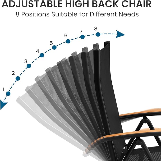 Crestlive Products Folding Patio Chairs Set of 6, 8-Level Adjustable Outdoor Recliner Chairs with Teak Armrest Aluminium Frame for Pool, Backyard, Black