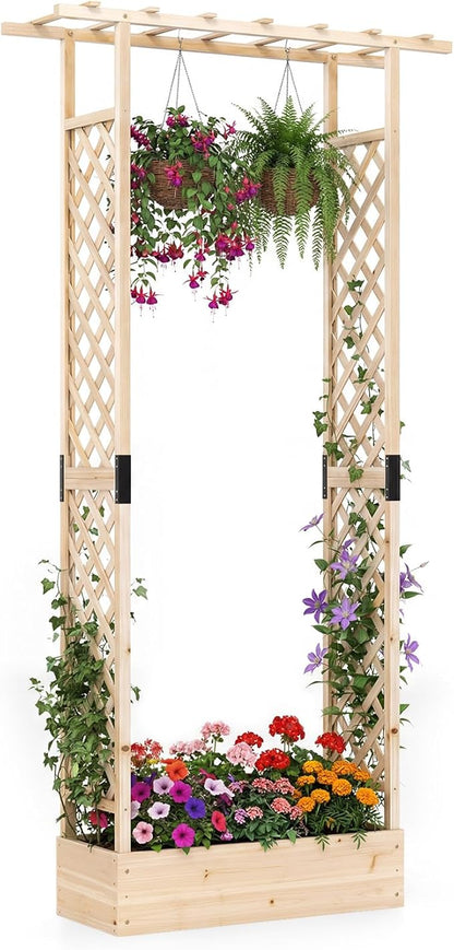 S AFSTAR Raised Garden Bed with Trellis, 2-in-1 Fir Wood Planter Box with Flat Roof & Drainage Holes, Vertical Planter Raised Bed for Climbing Plants, Flowers & Vegetables, 43" x 14" x 89" (Natural)