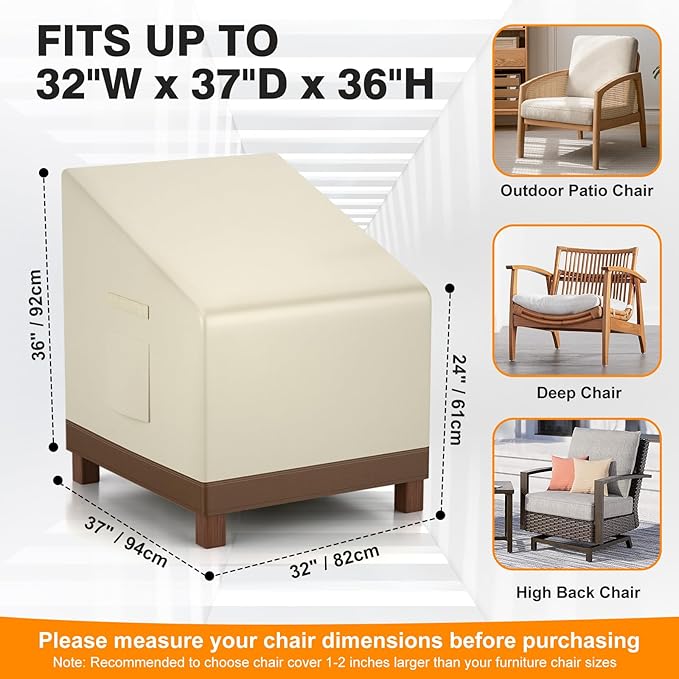 Patio Chair Covers Waterproof Heavy Duty Outdoor Furniture Cover with Air Vents for Lounge Lawn Deep Seat Outdoor Chair Beige & Brown 32W x 37D x 36H Inches (4 Pack)