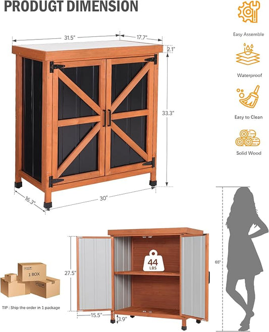 Black Metal Outdoor Storage Cabinet with X-Design Doors & Wood Frame, Metal Top Potting Bench Weatherproof for Patio, Garden & Backyard, 31.5"x 17.7"x 35.4"Tool Outdoor Shed