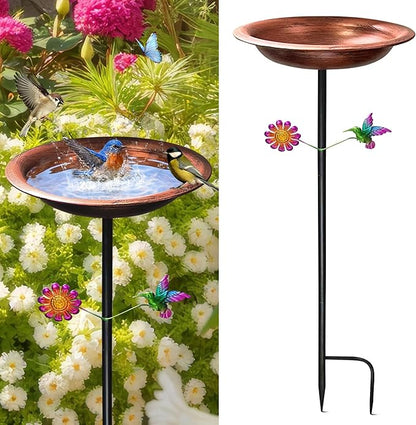 Outdoor Metal Bird Bath Garden Stake–33.5" Tall Vintage Bronze Birdbath with 11.5" Copper Bowl–Decorative Hummingbird & Flower Freestanding Feeder for Yard, Patio,Lawn & Garden Art Gift