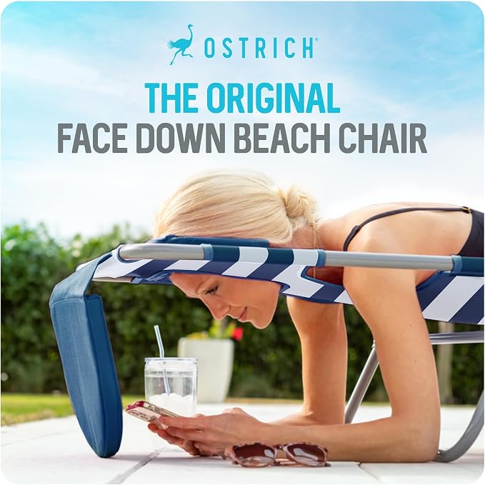 Ostrich the Original 3N1 Lightweight Beach Reclining Lounge Chair with Footrest, Outdoor Furniture for Patio, Balcony, Backyard, or Porch, Blue Stripe