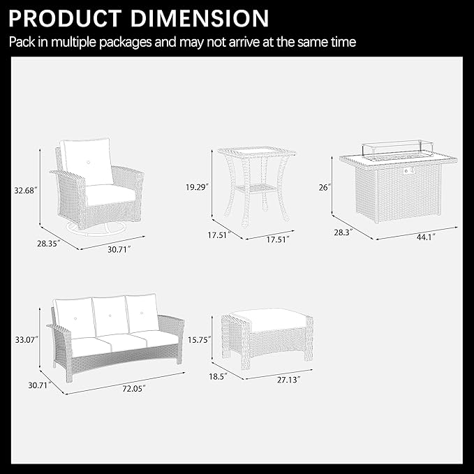 LayinSun 7 Piece Wicker Patio Furniture Set with Fire Pit Table, Classis Outdoor Conversation 360 Degree Swivel Chairs Set with Coffee Table