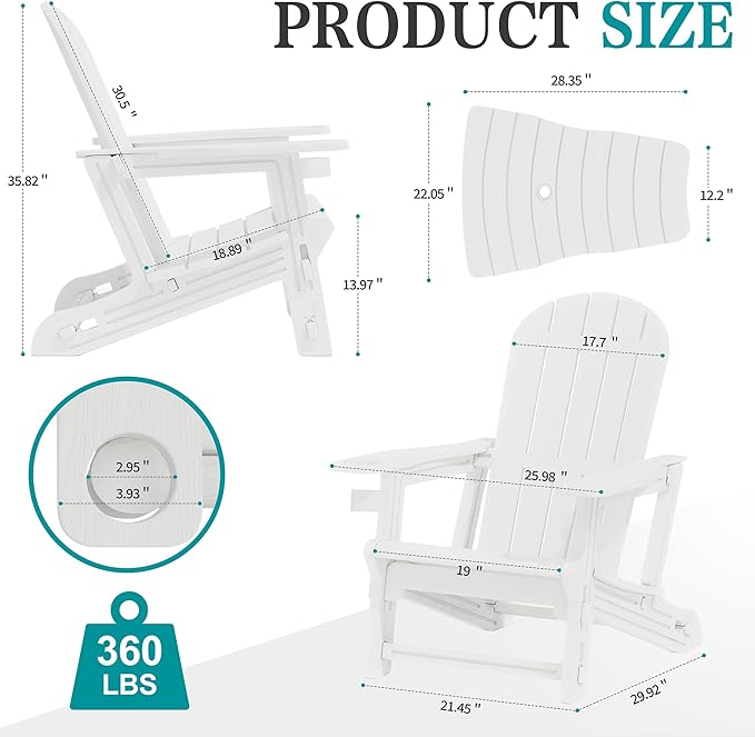 JY QAQA Outdoor Adirondack Chair Set of 2, All-Weather HDPE Patio Furniture with Detachable Table, Wood Texture & Cup Holder for Patio, Poolside, Garden, White