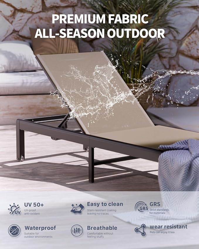 Aluminum Lounge Chairs Outdoor Chaise Furniture,2 Sets Patio Metal Deck Lounger Adjustable 5-Position Poolside Chase Recliner with Wheels for Beach,Coffee Table, (Khaki, 2 Chairs + Table)