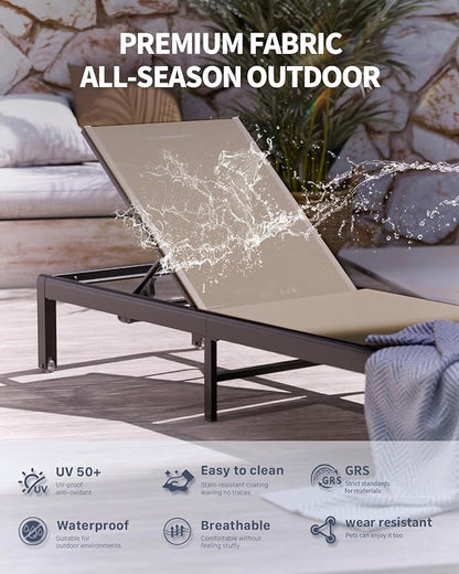 Aluminum Lounge Chairs Outdoor Chaise Furniture,2 Sets Patio Metal Deck Lounger Adjustable 5-Position Poolside Chase Recliner with Wheels for Beach,Coffee Table, (Khaki, 2 Chairs + Table)
