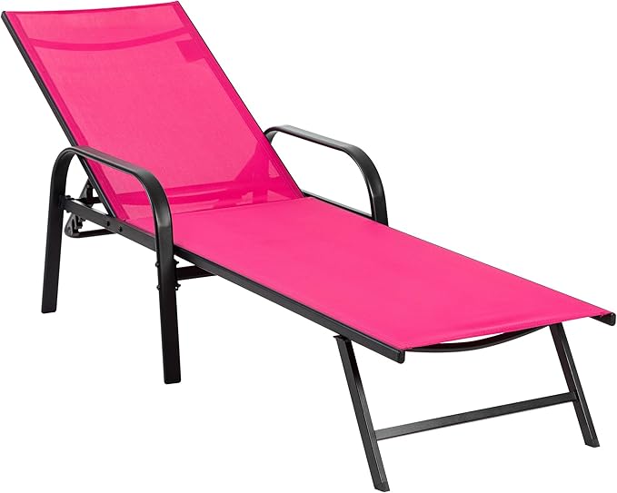 NEWBULIG Outdoor Lounge Chair for Pool,with 5-Position Recliner, 350 lbs Heavy Duty Patio Pool Chair, Outdoor Sun Chairs with Metal Frame for Backyard, Deck, Pink
