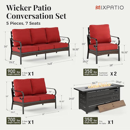 Patio Furniture Set with Firepit Table, Black Frame Outdoor Conversation Set with 2 x Fixed Chairs, 1 x 2-Seat Sofa, 1 x 3-Seat Sofa for Lawn Garden Backyard, Red