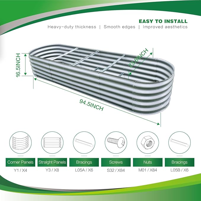 Gardmax Galvanized Raised Garden Bed, Lightweight Planter Boxes Outdoor with Easy Assembly, Large Garden Bed for Vegetables, Fruits, Flower Silver 8x2x1.5 FT