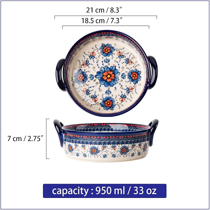 Baking Dishes For Oven, 1 Quart Round Casserole Dishes For Oven-blue flower-round 950ml
