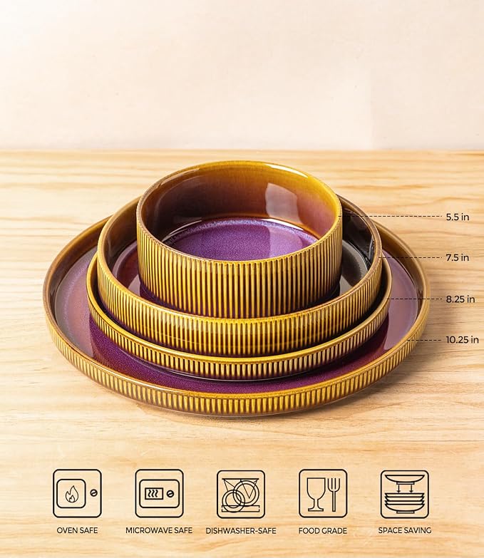 TheTerra Ceramic Dinnerware Sets for 4, 16 Pieces Porcelain Lightweight Plates and Bowls Sets, Scratch Resistant Dish Set, Oven & Microwave & Dishwasher Safe, Amber Amethyst