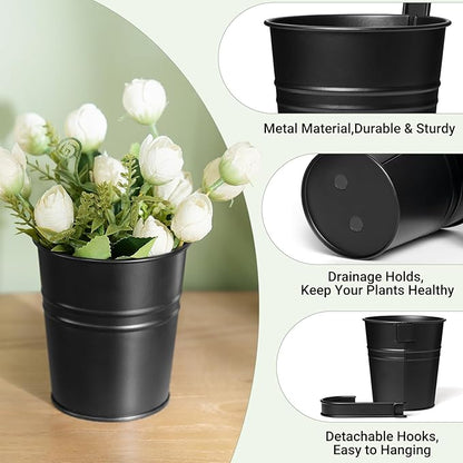 Dahey 10 Pcs Hanging Flower Pots Metal Iron Bucket Outdoor Planter for Railing Fence Balcony Garden Home Decoration Flower Holders with Detachable Hooks, Black, 5 Inches