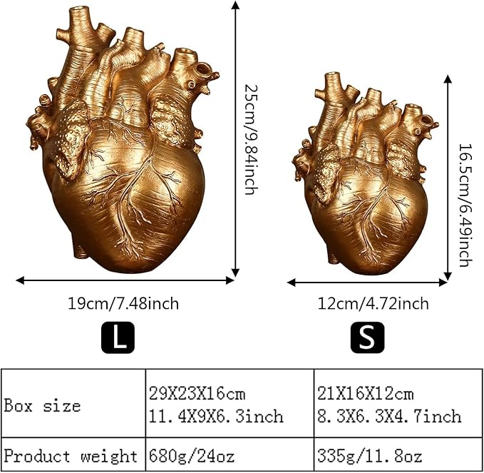 Resin Vase Planter, Decorative Heart Vase - Anatomical Heart Tabletop Decorative Craft, Farmhouse Living Room Bedroom Countertop (Gold,Small)