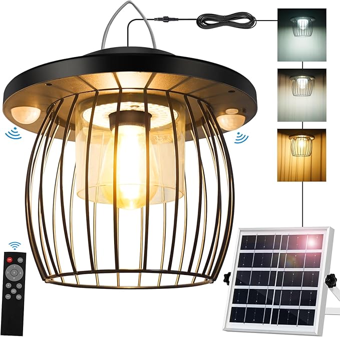 Solar Shed Lights with 2 Motion Sensors, Classic Metal Solar Chandelier Outdoor with 5 Lighting Modes, Waterproof Pendant Lamp with Remote Control for Barn, Gazebo, Garden, Patio(16.4FT Cord)
