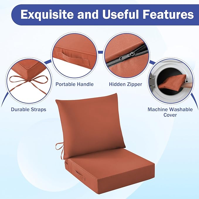 IASEAHK Outdoor Seat Cushion Set, Waterproof & Fade Resistant Patio Chair Cushions, Outdoors Cushion for Patio Furniture, 24 x 24 x 5.75 Inch, Outdoor Couch Cushions with Handle and Ties, Spice