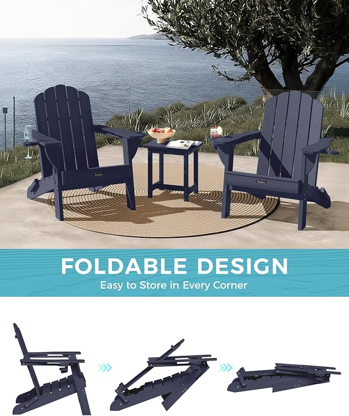 Adirondack Chairs Set of 6, Fire Pit Chairs, Wood Texture Patio Chairs with 2 Cup Holder, Outdoor Lawn Chair, Dark NavyBlue