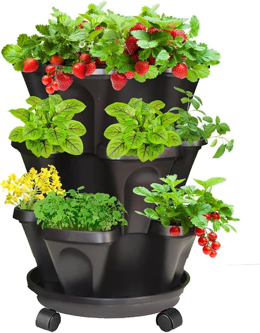 Strawberry Vertical Planter, Stacking Garden Tower, 3 Tiered Stackable Herb Vegetable Planters with Movable Casters and Bottom Saucer Indoor and Outdoor - Black