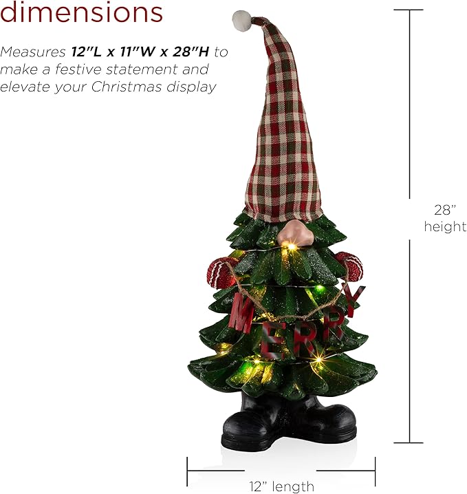 Alpine Corporation 28" Christmas Tree Merry Gnome Statues with Color Changing LED Lights, Holiday Decor