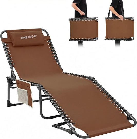 #WEJOY Folding Lounge Chair Outdoor, 5-Position Adjustable Sunbathing Tanning Chair with Shoulder Strap & Side Pocket, Heavy Duty Reclining Chair for Patio Pool Camping, Portable Folding Bed Cot Khaki