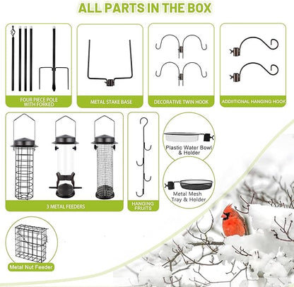 Bird Feeder Station with Suet Cage & Water Bowl Fruit Hook- Adjustable Pole, 6 Hanging Hooks for Wild Birds, Outdoor Garden Bird Feeding Kit