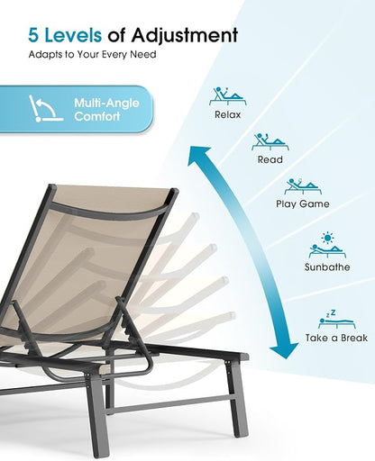 Ciokea Foldable Outdoor Lounge Chair Set of 4, No Assembly Aluminum Chaise Lounge Outdoor with 5-Positions, Aluminum Pool Lounge Chairs with Portable Design for Pool, Deck, Beach, Patio (Khaki)