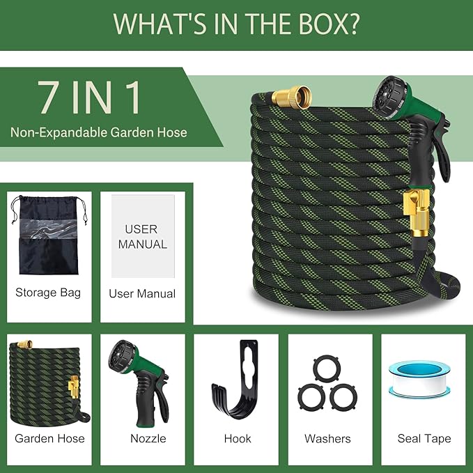 Garden Hose Non-Expandable 50 ft, Lightweight Flexible Water Hose with 10 Function Spray Nozzle, Outdoor Leak Proof, Kink-Free, Portable Hose for Yard, Lawn, Camper, High-Density Fabric, Black Green