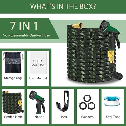 Garden Hose Non-Expandable 75 ft, Lightweight Flexible Water Hose with 10 Function Spray Nozzle, Outdoor Leak Proof, Kink-Free, Portable Hose for Yard, Lawn, Camper, High-Density Fabric, Black Green