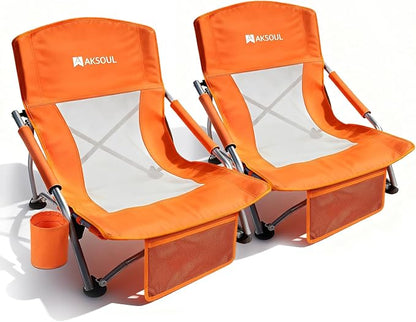 AKSOUL Folding Beach Chair for Adults: Low/High Back Chairs with Carry Bag - Extra Wide Seat Chair with Comfortable Pillow & Storage Pocket (1 Pack & 2 Pack, Blue)
