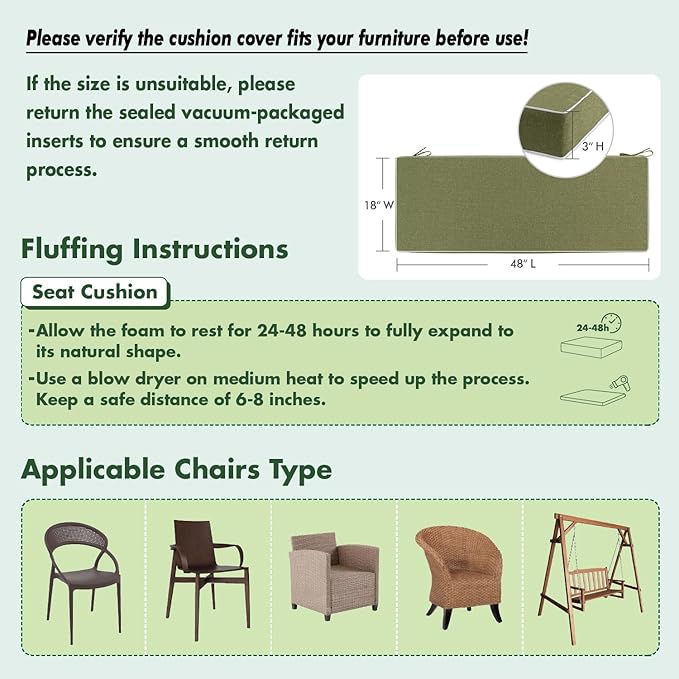 MIULEE Green Outdoor Bench Cushion Set of 1, 48x18x3 Inch Waterproof Patio Seat Cushions for Swing and Outdoor Furniture Couch Sofa, 3 Year Color Fastness High Density Foam with Adjustable Ties