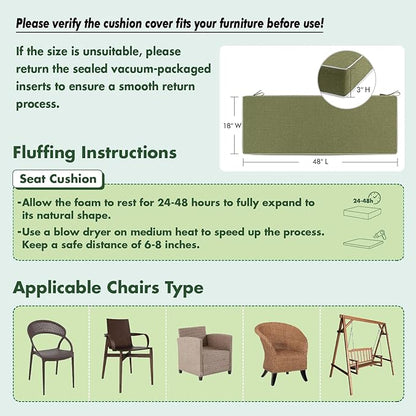 MIULEE Green Outdoor Bench Cushion Set of 1, 48x18x3 Inch Waterproof Patio Seat Cushions for Swing and Outdoor Furniture Couch Sofa, 3 Year Color Fastness High Density Foam with Adjustable Ties