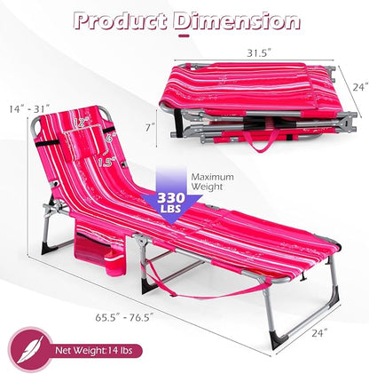 GYMAX Tanning Chair, 3 in 1 Sun Bathing Lounge Chairs with Face/Arm Holes & Side Pocket, Portable Lightweight Face Down Layout Tanning Chair for Outside, Beach, Backyard, Poolside (1, Pink Stripe)