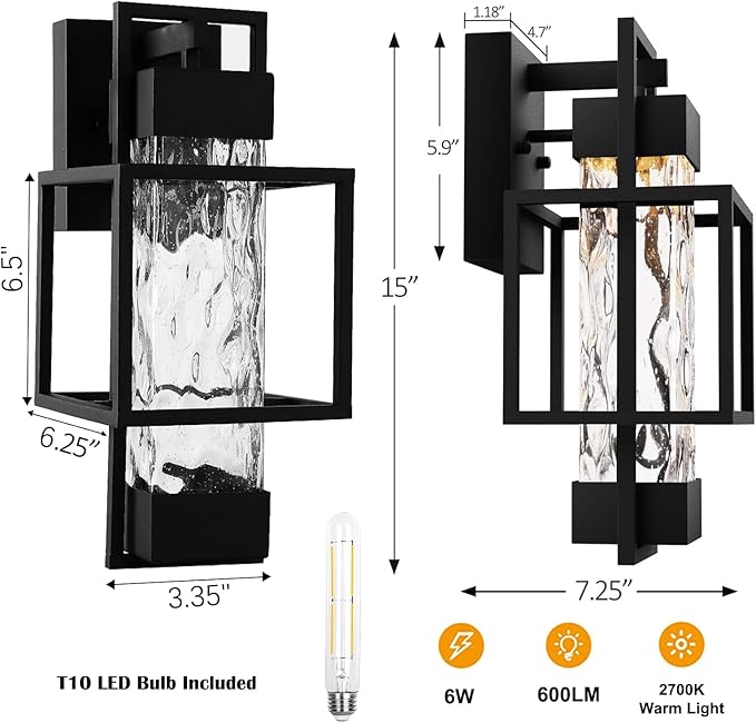 PARTPHONER Modern Outdoor Light Fixture Outdoor Lighting, 15" H Exterior Wall Sconce Waterproof Porch Light, Outside Light for House with Water Glass for Garage Doorway, Black