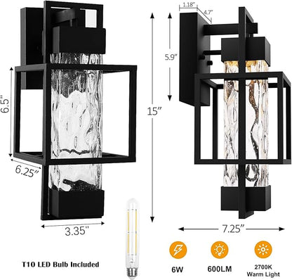 PARTPHONER Modern Outdoor Light Fixture Outdoor Lighting, 15" H Exterior Wall Sconce Waterproof Porch Light, Outside Light for House with Water Glass for Garage Doorway, Black