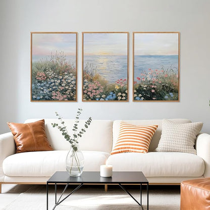 CHDITB Coastal Wildflowers Framed Canvas Wall Art Set, Coastal Floral Nursery Wall Decor, Seaside Sunset Artwork Spiritual Painting, Vintage Beach Art Prints For Living Room, Bedroom, Office 24"x36”x3